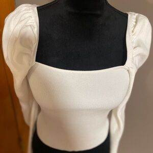 Fashion Nova White Puff Sleeve Square Neck Ribbed Top Size L